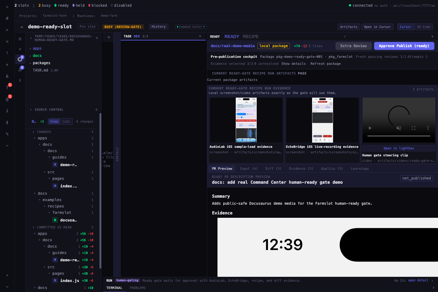 Command Center ready gate with app evidence, validation results, diff, and approval actions